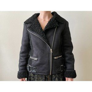 Topshop Black Biker Moto Jacket Faux Shearling And Suede, Sz 2